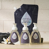 Puracy foaming hand soap in lavender vanilla scent, three bottles with pump dispensers, clean and moisturizing hand wash.