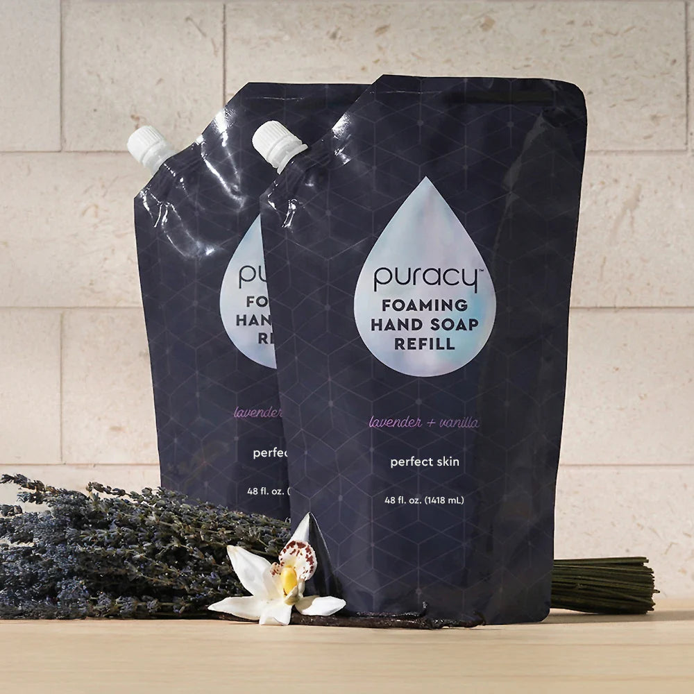 Puracy lavender vanilla foaming hand soap in a pump bottle, set of 3, soothing scent and gentle cleansing for hands.
