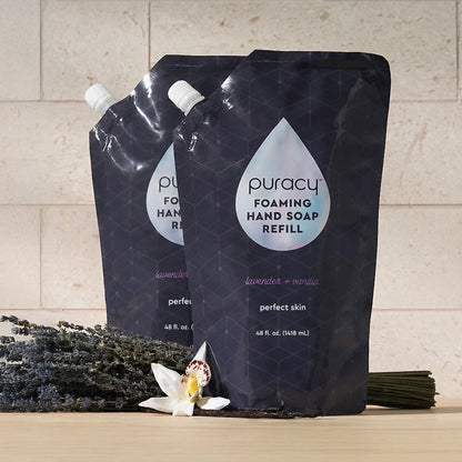 Puracy foaming hand soap refill pack with two 12-ounce bottles featuring easy-to-use pump tops and clean, gentle formula.
