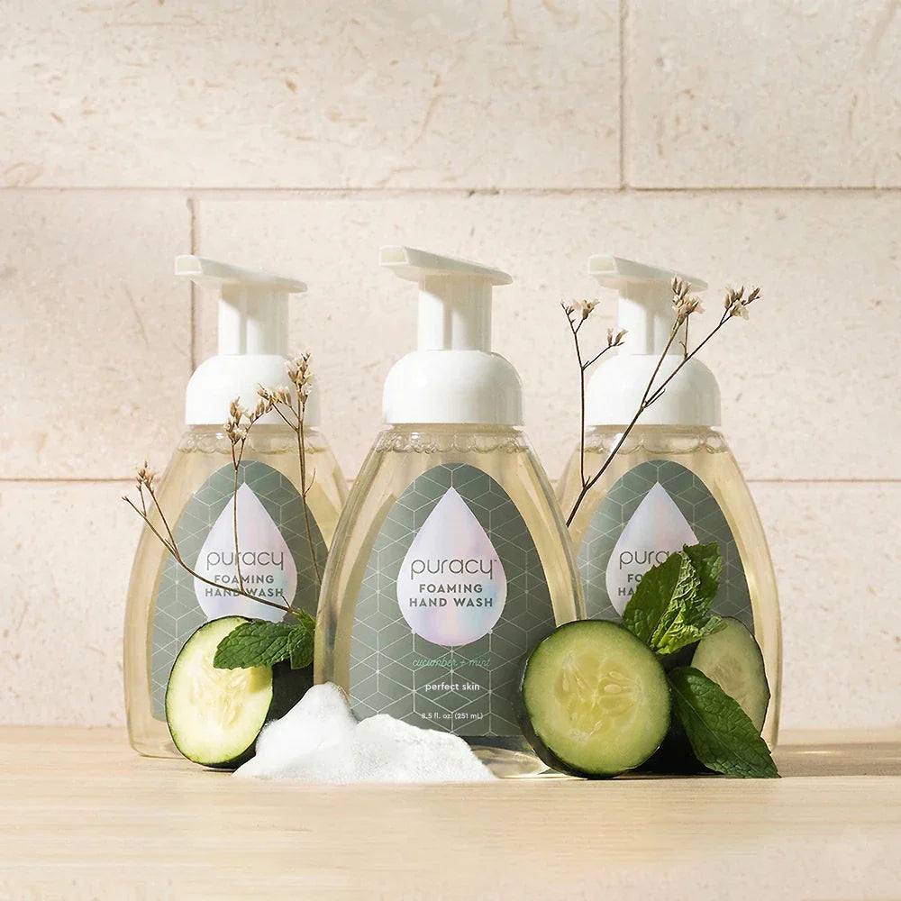 Puracy lavender vanilla foaming hand soap bottles in a standard pack of three, featuring a gentle foaming formula and attractive packaging.