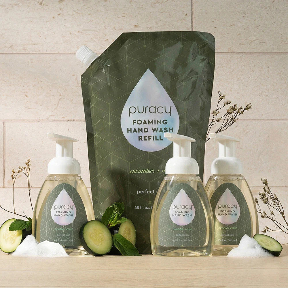 Puracy lavender vanilla foaming hand soap in a standard pack of three bottles, showing the product label and packaging.