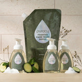 Puracy lavender vanilla foaming hand soap in a standard pack of three bottles, showing the product label and packaging.