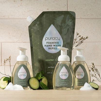 Puracy foaming hand soap refill pack with three bottles, showing the pump dispenser and label on a white background.