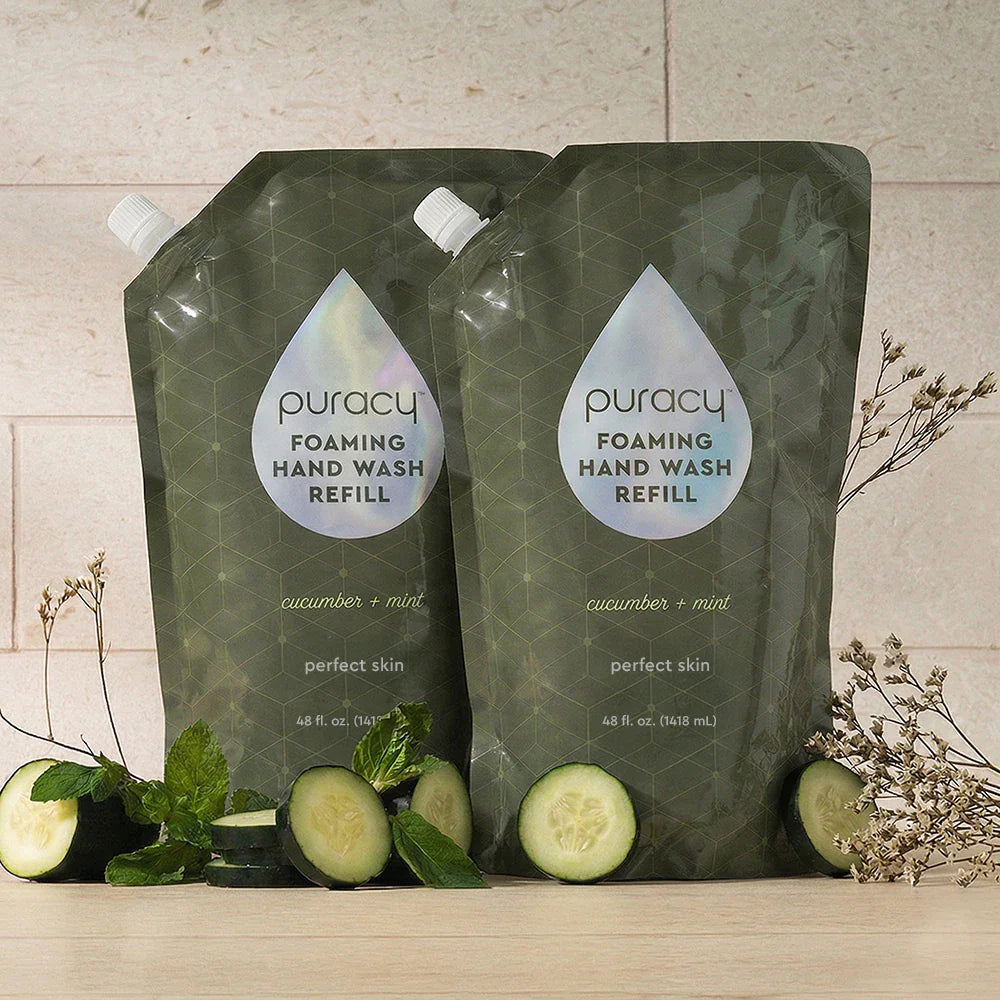 Puracy lavender vanilla foaming hand soap bottles in a standard pack of three, showing the product label and dispenser.