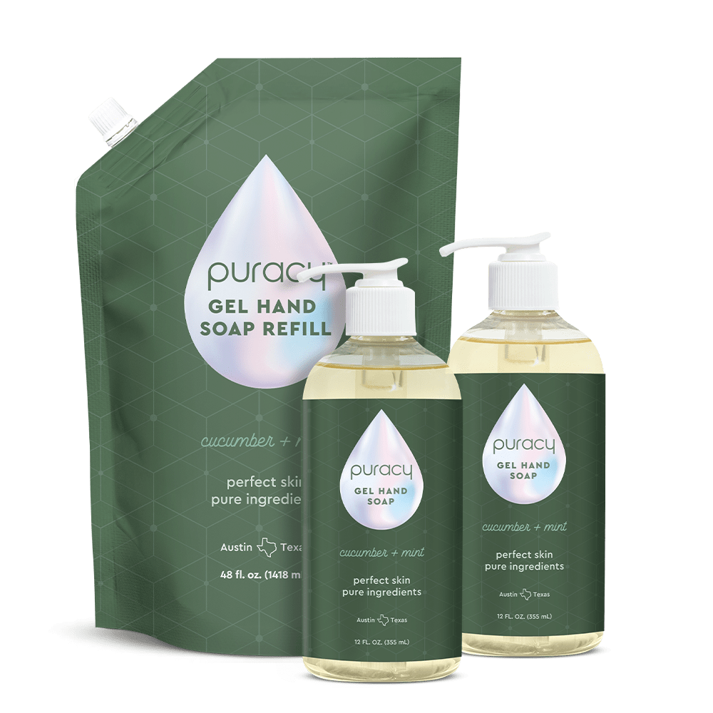 Puracy gel hand soap with cucumber and mint, showing a clear bottle with green and white label and soap dispenser.