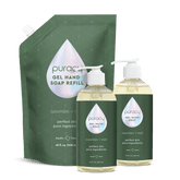 Puracy gel hand soap with cucumber and mint, showing a clear bottle with green and white label and soap dispenser.