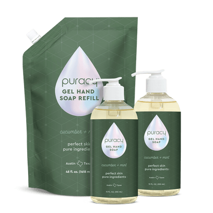 Puracy gel hand soap with cucumber and mint, showing a clear bottle with green and white label and soap dispenser.