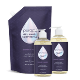 Puracy gel hand soap with lavender and vanilla scent, showing a clear pump bottle filled with light purple soap.