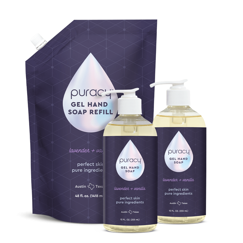 Puracy gel hand soap with lavender and vanilla scent, showing a clear pump bottle filled with light purple soap.