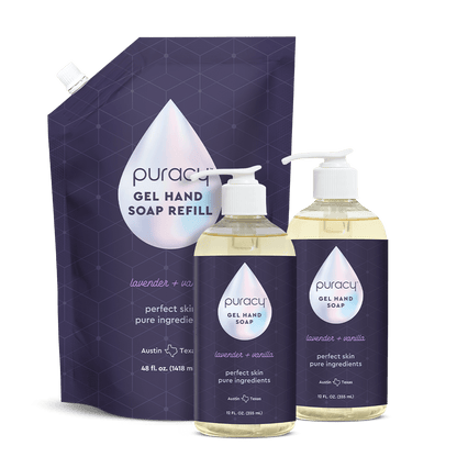 Puracy gel hand soap with lavender and vanilla scent, showing a clear pump bottle filled with light purple soap.