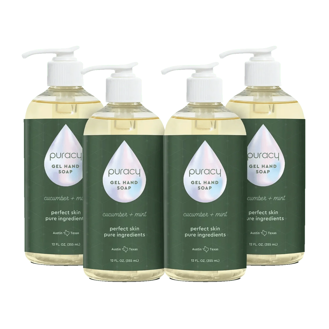 Puracy Gel Hand Soap in a pump dispenser, clear bottle with white and green label, designed for gentle hand cleansing.