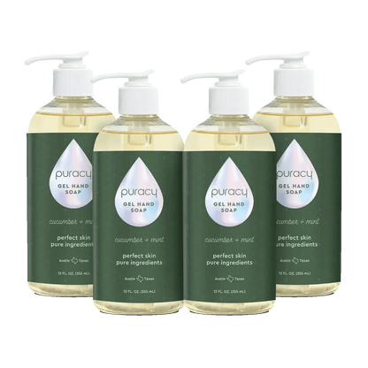 Puracy Gel Hand Soap in a pump dispenser, clear bottle with white and green label, designed for gentle hand cleansing.