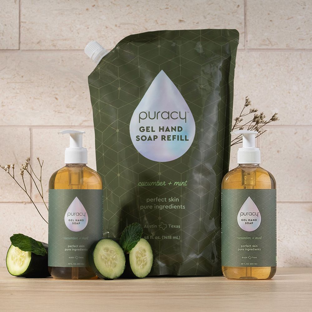 Puracy Gel Hand Soap refill pack with two 12oz bottles, featuring clear gel formula and pump dispensers for hand cleansing.