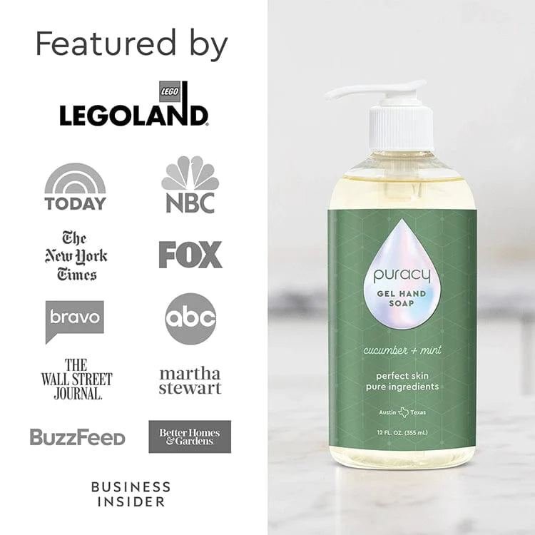 Puracy Gel Hand Soap in a clear pump bottle, with a smooth gel texture and a clean, minimalist label design.