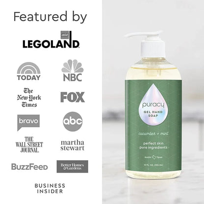 Puracy Gel Hand Soap in a clear pump bottle, with a smooth gel texture and a clean, minimalist label design.