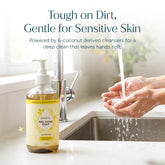 Puracy gel hand soap with yuzu scent in a clear pump dispenser, showing the soap&