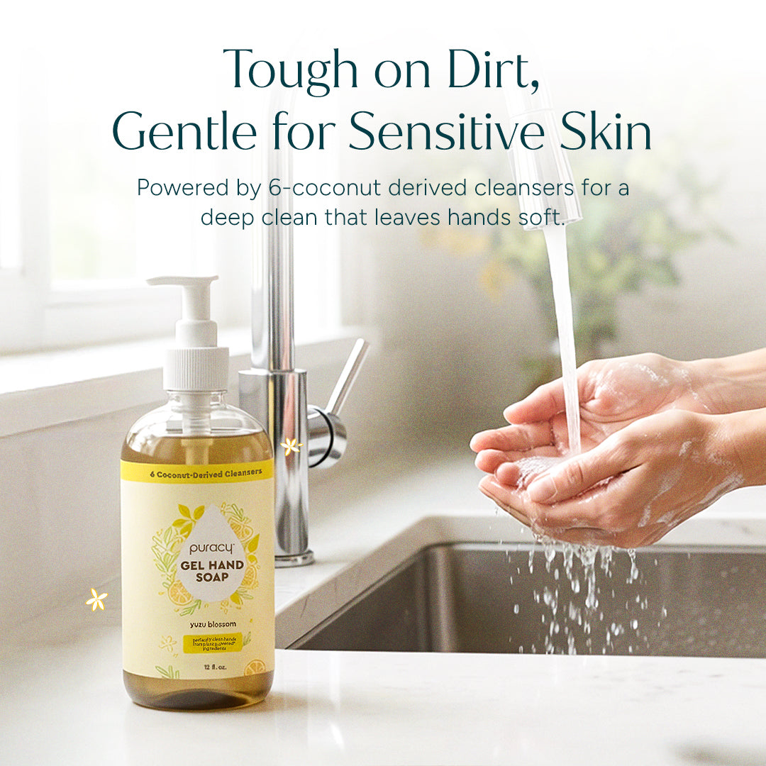 Puracy gel hand soap with yuzu scent in a clear pump dispenser, showing the soap&