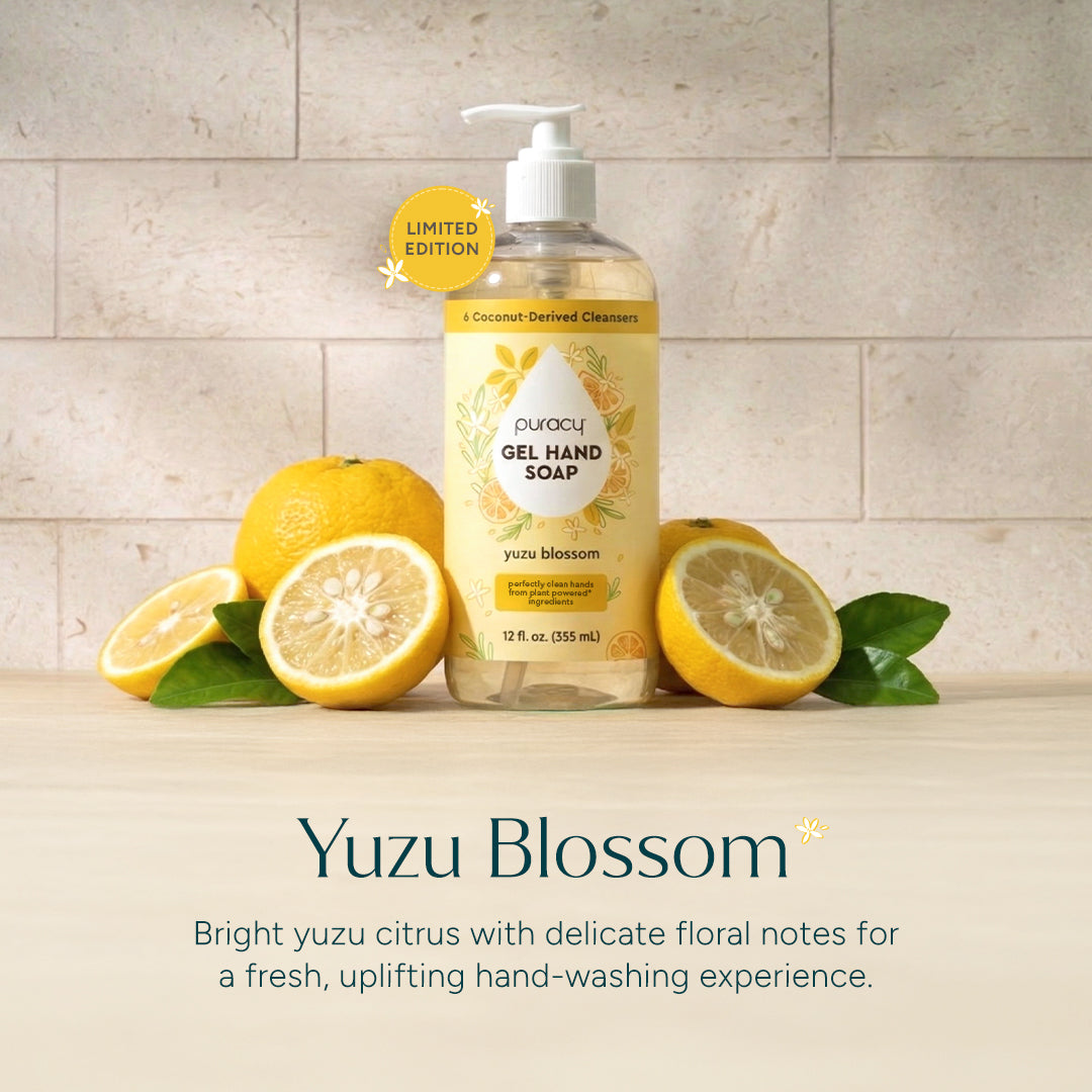 Puracy gel hand soap with yuzu scent in a clear pump bottle, showing the soap&