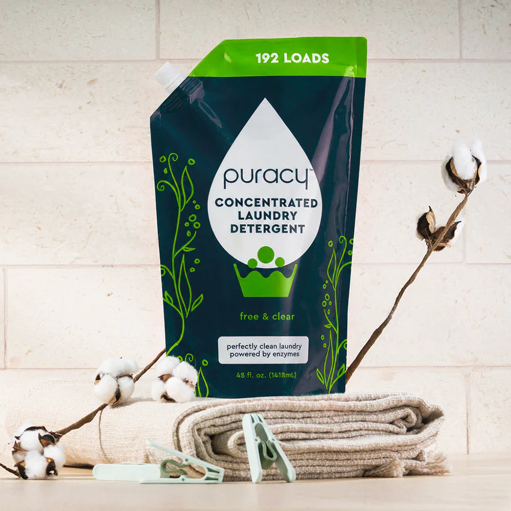 Puracy concentrated unscented laundry detergent in a 48oz bottle, sulfate-free and suitable for all laundry loads.