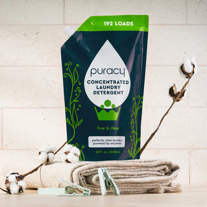 Puracy concentrated unscented laundry detergent in a 48oz bottle, sulfate-free and suitable for all laundry loads.