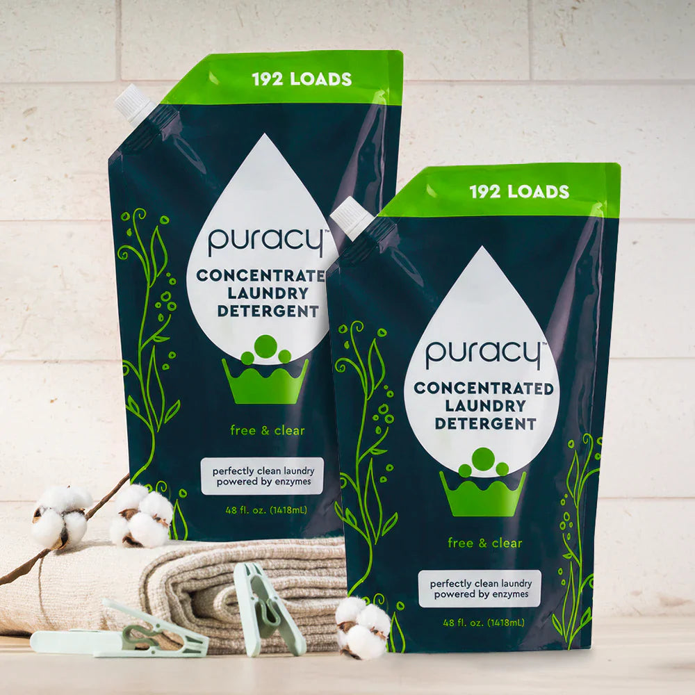 Puracy concentrated sulfate-free laundry detergent in a 48oz bottle, shown in a two-pack with fresh, clean packaging.
