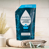Puracy concentrated laundry detergent in a 48oz bottle with Fresh Linen scent, sulfate-free and ideal for brightening clothes.