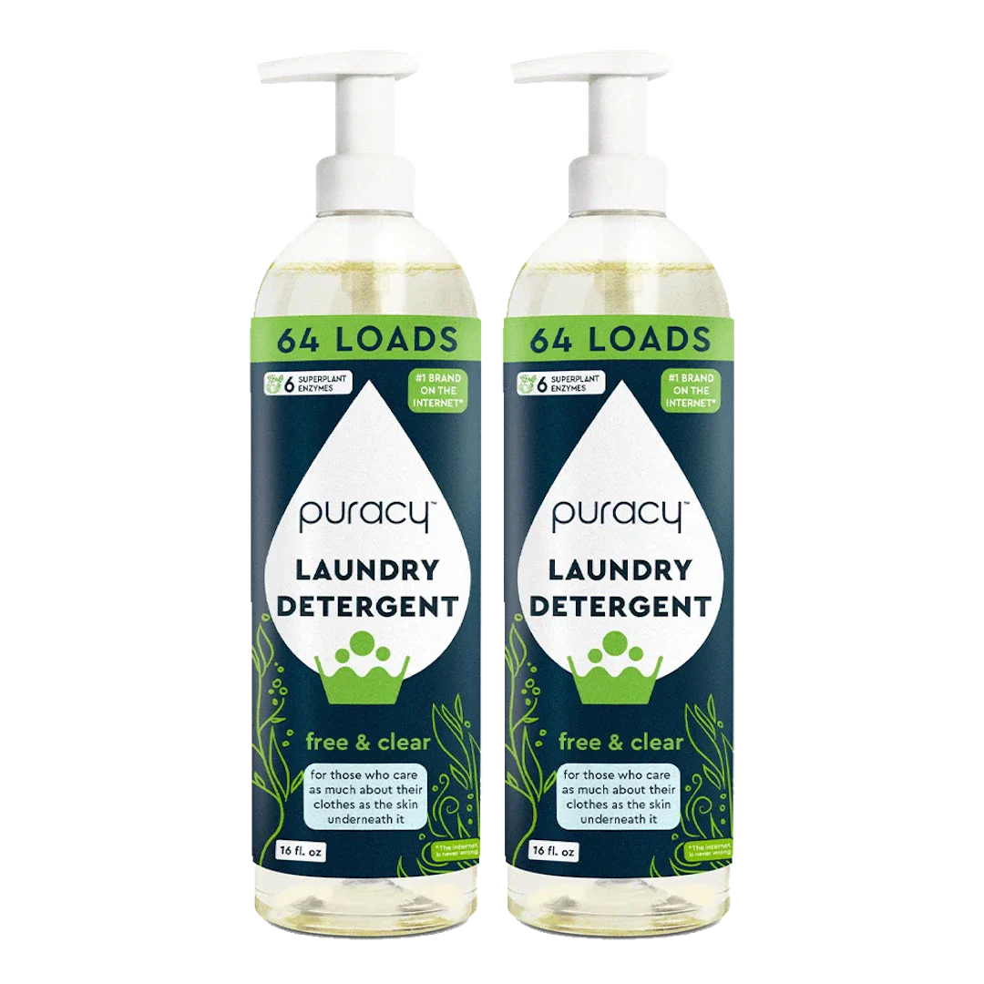 Puracy concentrated sulfate-free laundry detergent in a natural, eco-friendly bottle, shown in a two-pack for eco-conscious cleaning.
