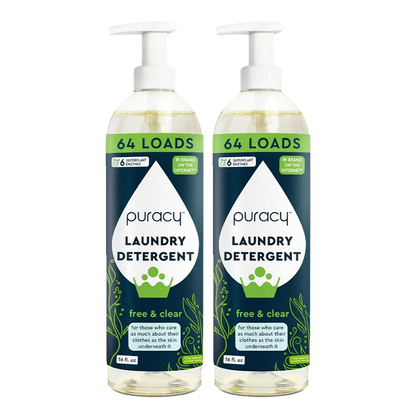 Puracy concentrated sulfate-free laundry detergent in a natural, eco-friendly bottle, shown in a two-pack for eco-conscious cleaning.