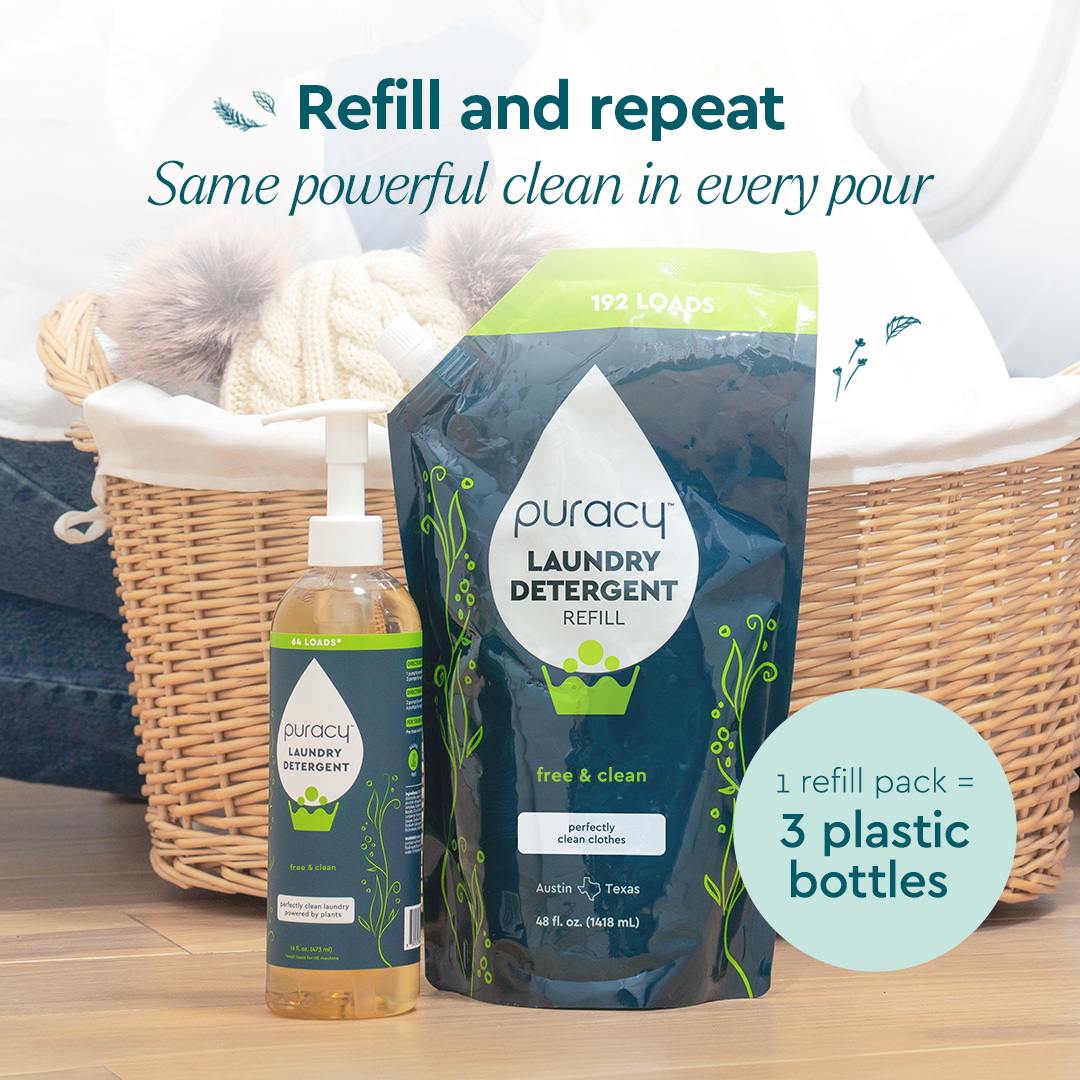 Puracy concentrated sulfate-free laundry detergent bottle, showcasing eco-friendly cleaning formula and label design.