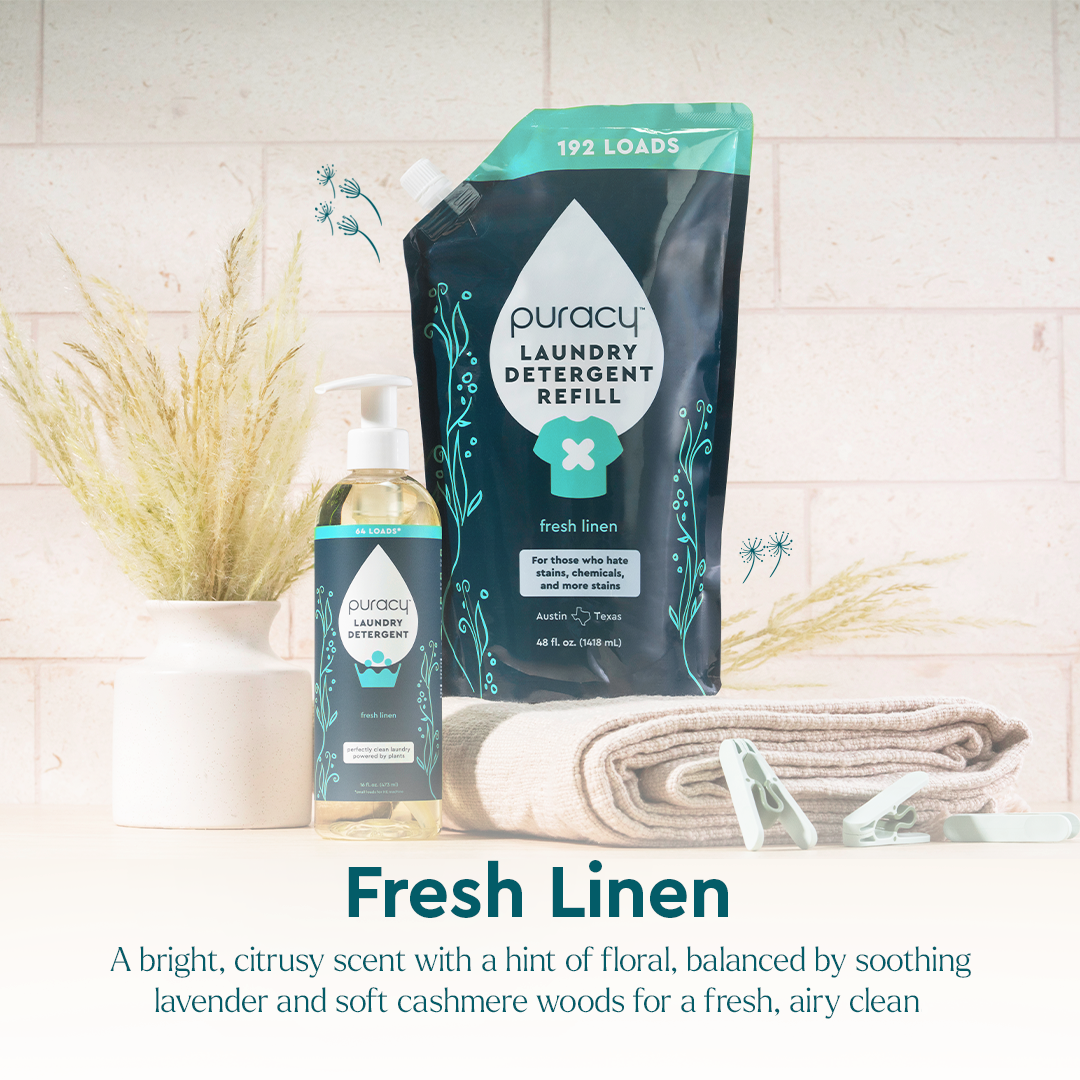 Puracy concentrated laundry detergent bottle, sulfate-free formula, with a clean label and natural ingredients for effective laundry cleaning.