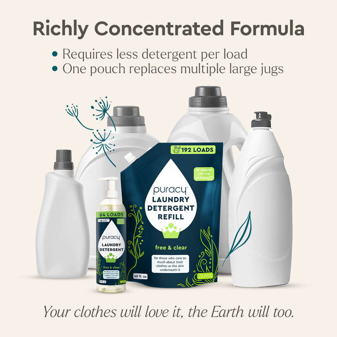 Puracy concentrated sulfate-free laundry detergent bottle, eco-friendly detergent for clean, fresh laundry without harsh chemicals.