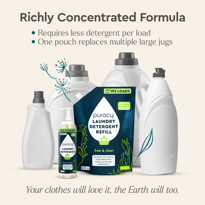 Puracy concentrated sulfate-free laundry detergent bottle, eco-friendly detergent for clean, fresh laundry without harsh chemicals.