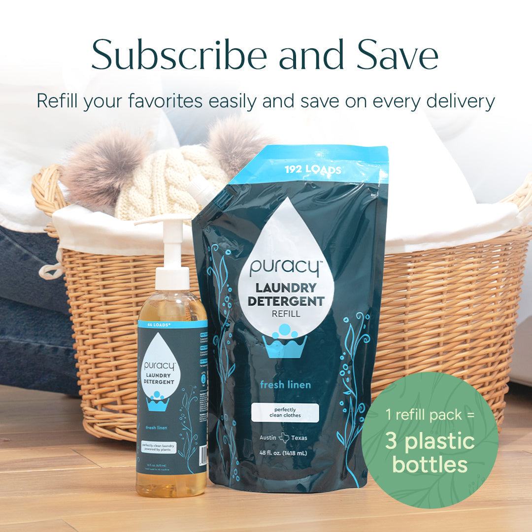Puracy concentrated sulfate-free laundry detergent bottle with fresh scent, suitable for all washing machines.