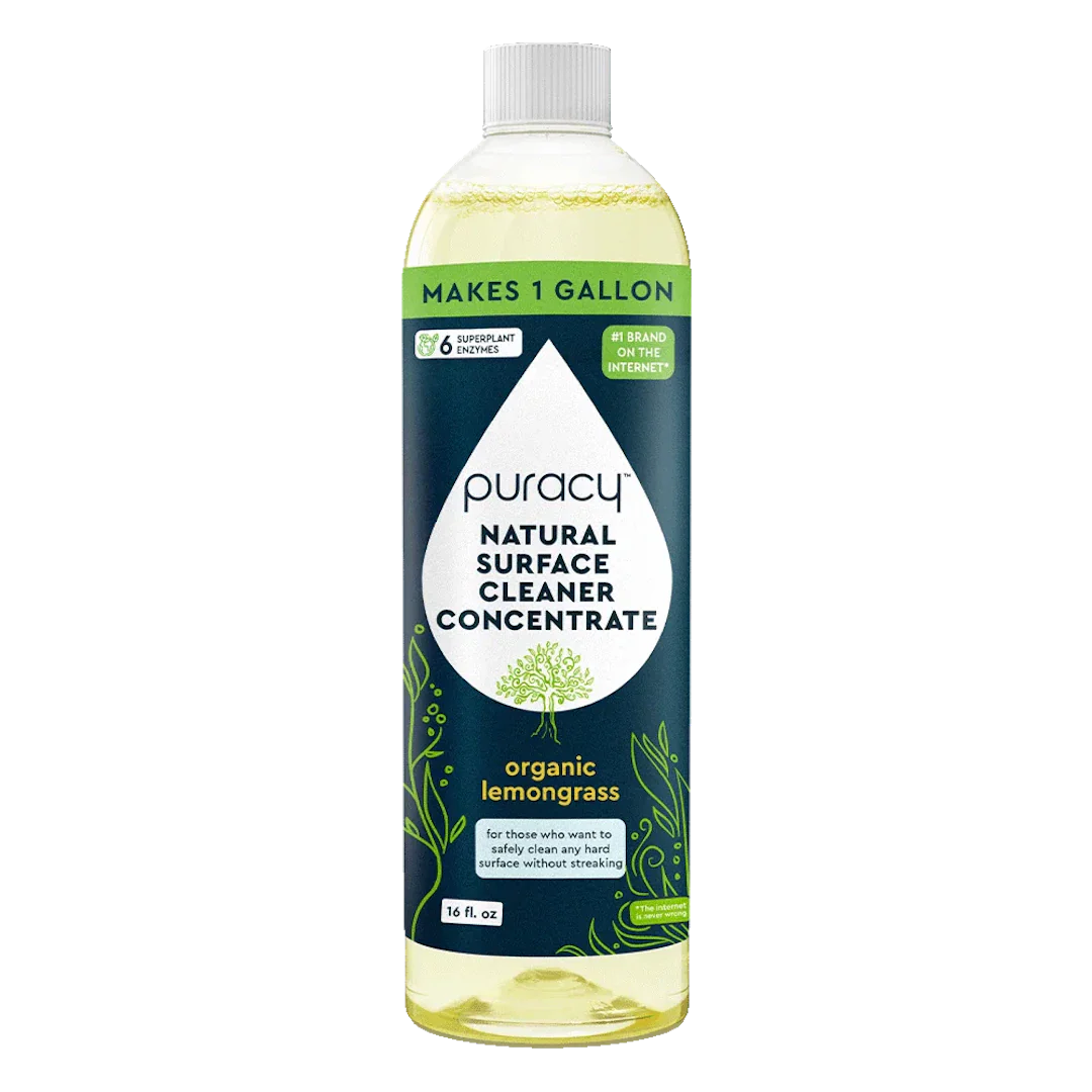 Puracy Everyday Multi-Surface Cleaner in a clear bottle, showing natural concentrate for cleaning various surfaces effectively.