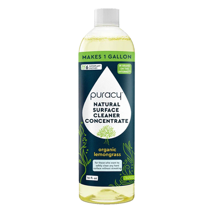 Puracy Everyday Multi-Surface Cleaner in a clear bottle, showing natural concentrate for cleaning various surfaces effectively.