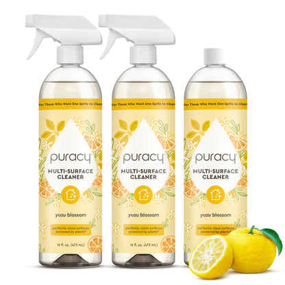 Puracy Everyday Multi-Surface Cleaner bottle with spray nozzle, designed for cleaning various household surfaces.