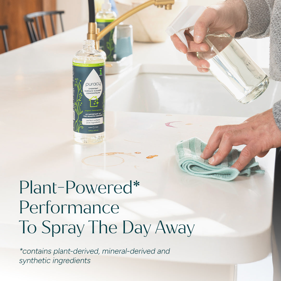 Puracy organic lemongrass multi-surface cleaner bottle with label, suitable for cleaning various surfaces in the home.