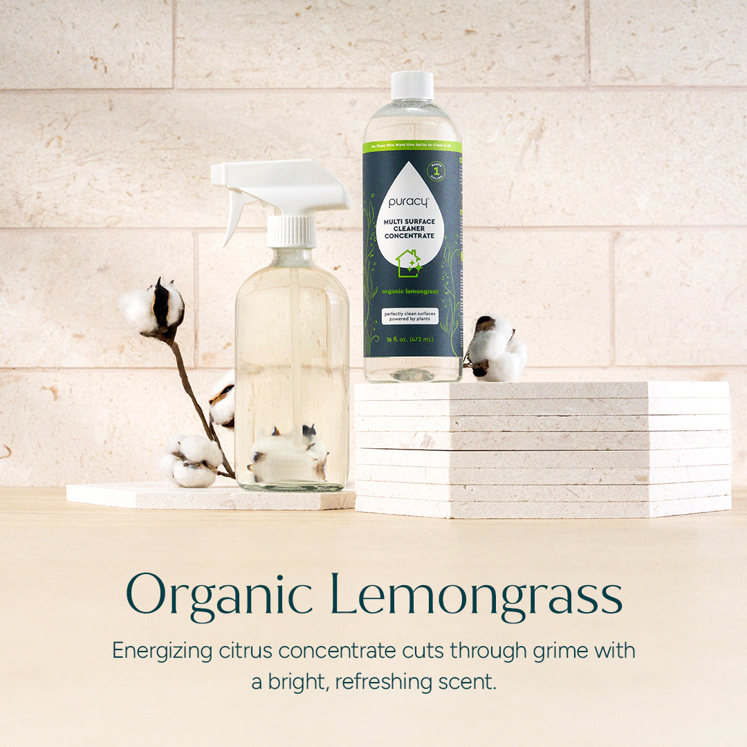 Puracy organic lemongrass multi-surface cleaner in a spray bottle, suitable for cleaning various household surfaces.