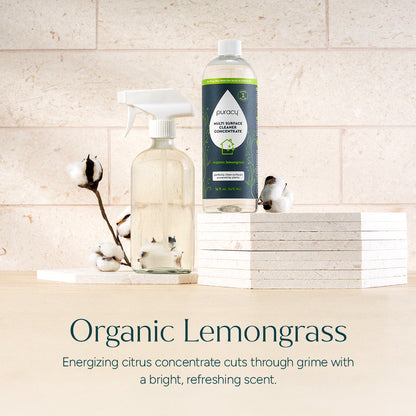 Puracy organic lemongrass multi-surface cleaner in a spray bottle, suitable for cleaning various household surfaces.