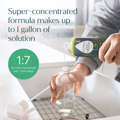 Puracy organic lemongrass multi-surface cleaner bottle on a clean countertop, showcasing eco-friendly cleaning product design.