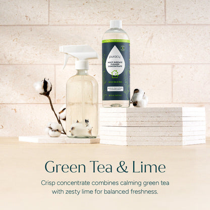 Puracy Everyday Multi-Surface Cleaner in green tea lime scent, showing a spray bottle with fresh citrus and herbal accents.