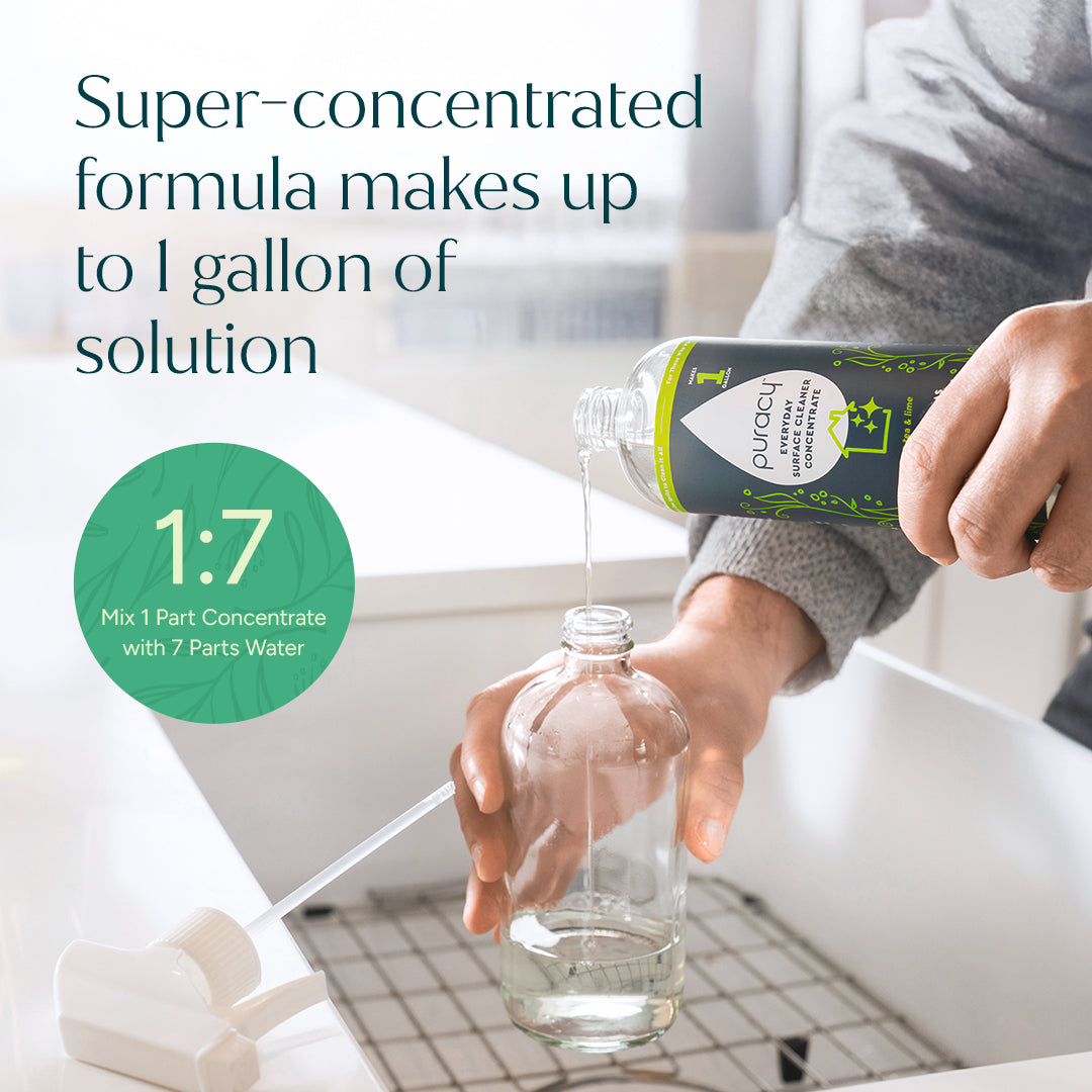 Puracy Everyday Multi-Surface Cleaner with Green Tea and Lime scent, bottle of natural all-purpose cleaner on a clean surface.