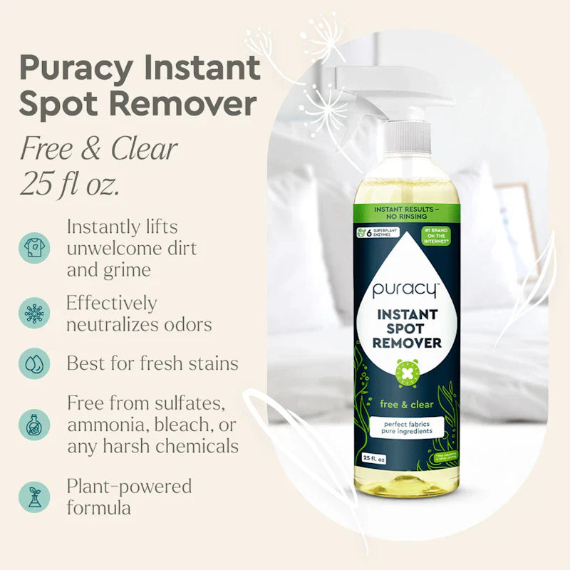 Puracy Instant Spot Remover in 25oz bottle, clear liquid stain remover for fabric and upholstery cleaning.