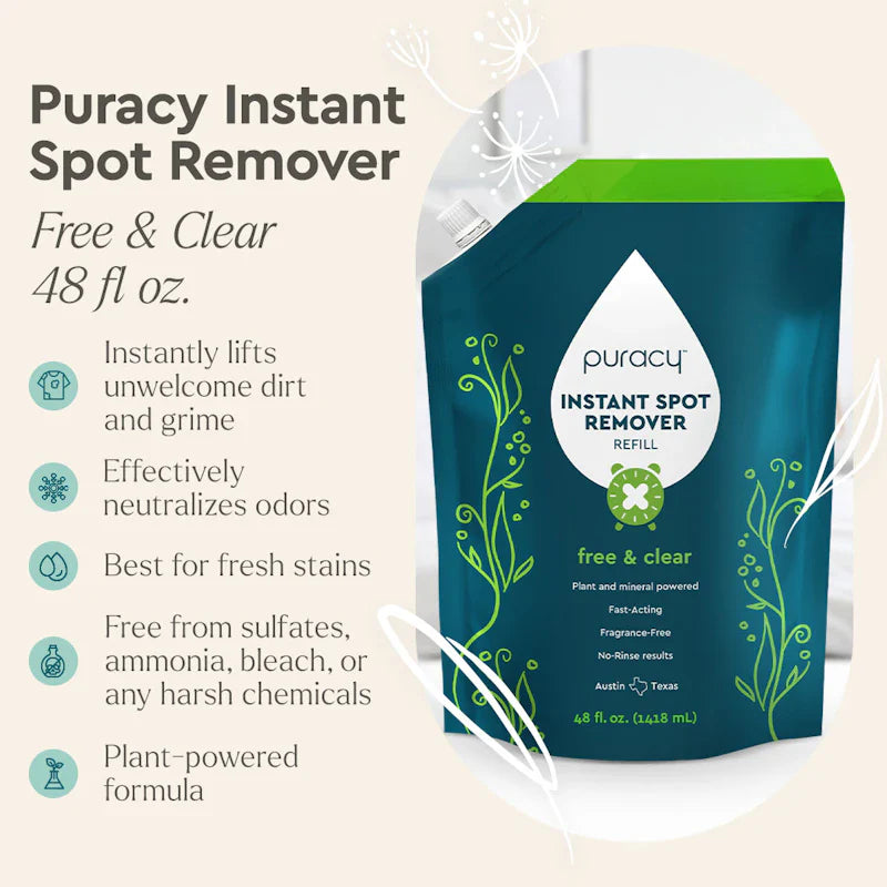 Puracy Instant Spot Remover bottle with clear label, showing a 48oz size, designed for removing stains and spots from fabrics.