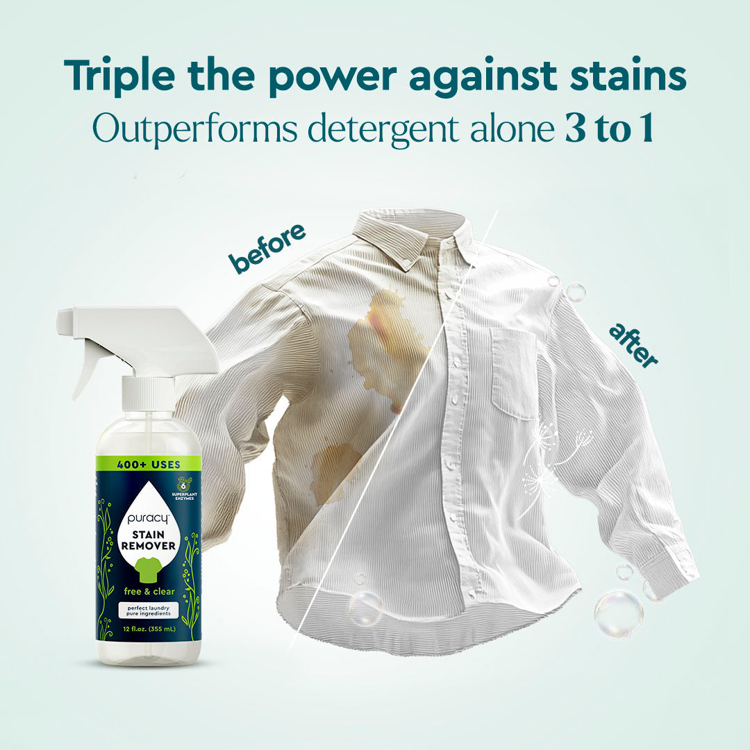 Puracy Laundry Stain Remover bottle showing the 12oz size with label and cap, designed for removing tough stains from clothing.