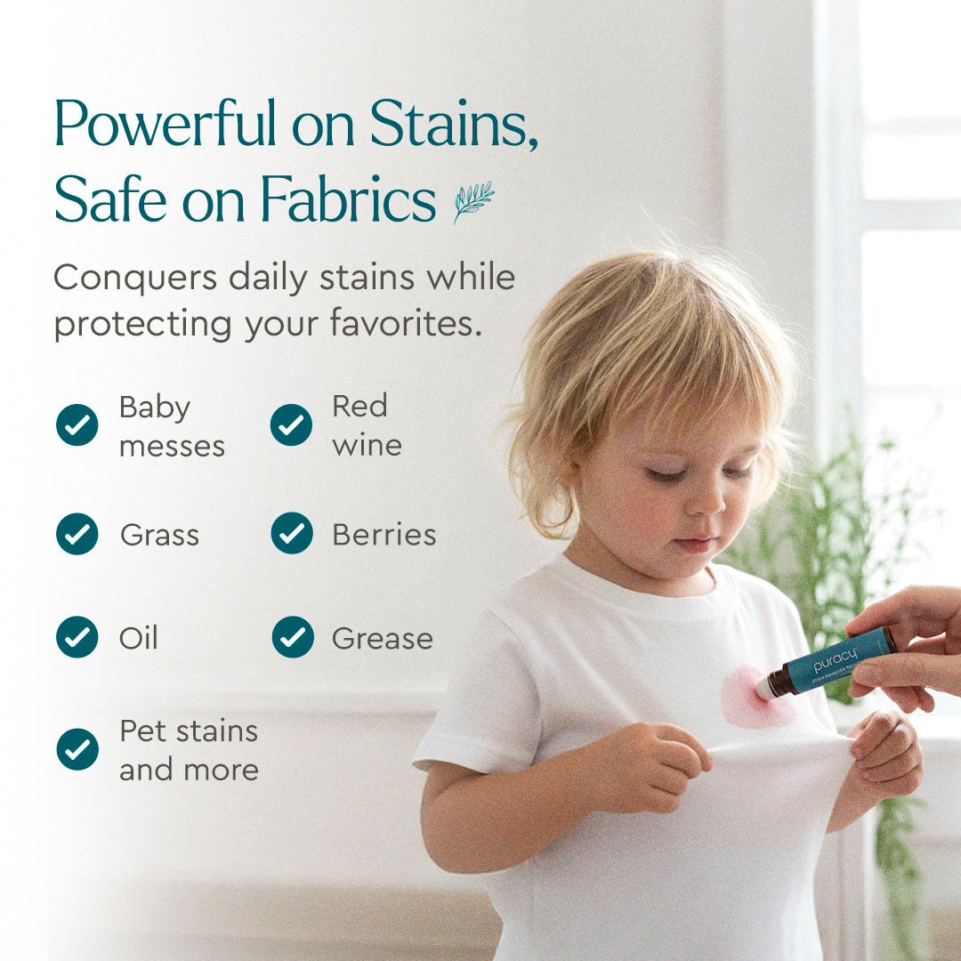 Puracy stain remover pen with a white and purple applicator tip, designed for removing laundry stains effectively.