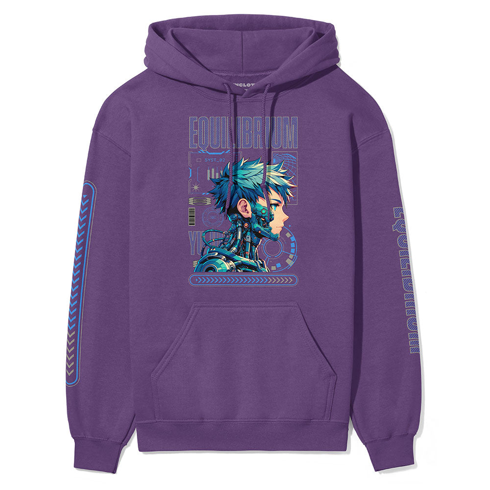 Yūjin Clothing Equilibrium Cyborg Hoodie in black with sleek futuristic graphics and a relaxed, comfortable fit.