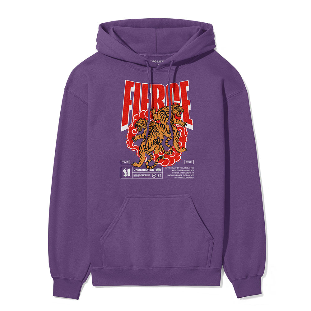 Yūjin Clothing Fierce Tiger hoodie featuring a bold tiger graphic on soft, comfortable fabric, perfect for casual wear.