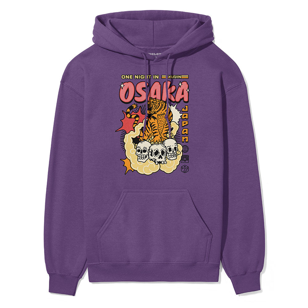 Yūjin Clothing One Night Osaka hoodie, soft fabric, navy blue hoodie with graphic design, front view of casual apparel.