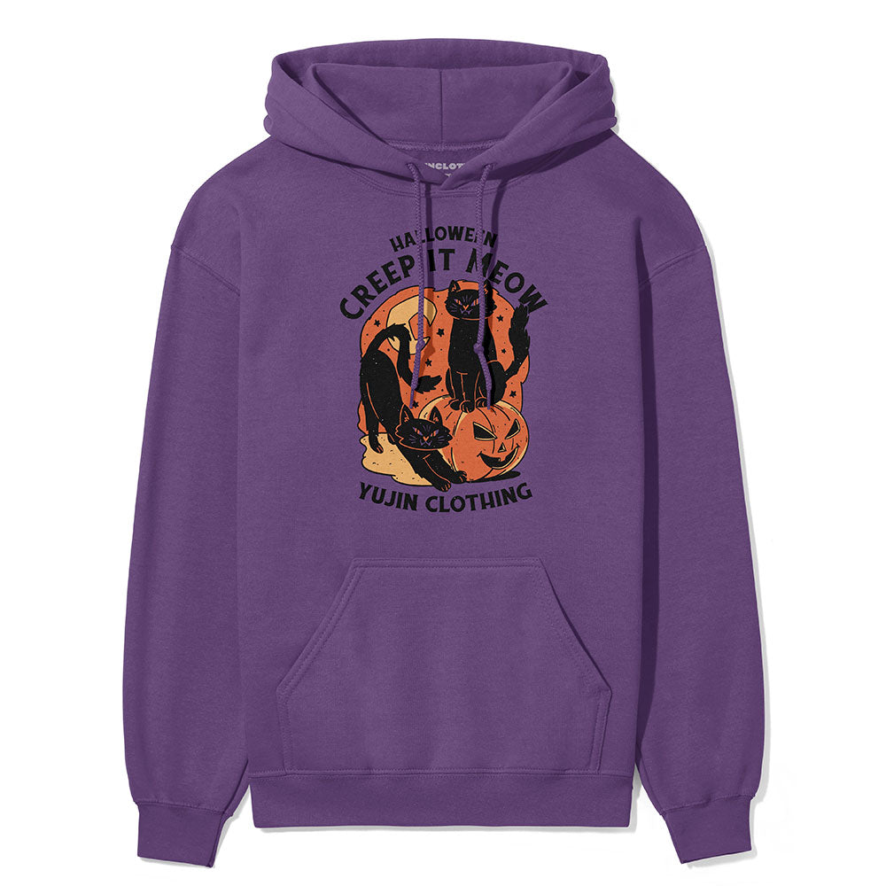 Yūjin Clothing Creep It Cat Hoodie showing a cozy black hoodie with a creepy cat graphic design on the front.